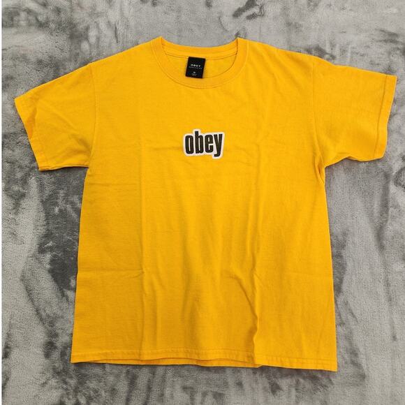 Vintage OBEY Top Womens M Mustard Yellow Boxy Crop Logo Graphic Tee Casual - Picture 1 of 8